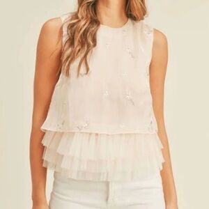 Mable Tulle Bottom Shift Floral Top In Cream Beige